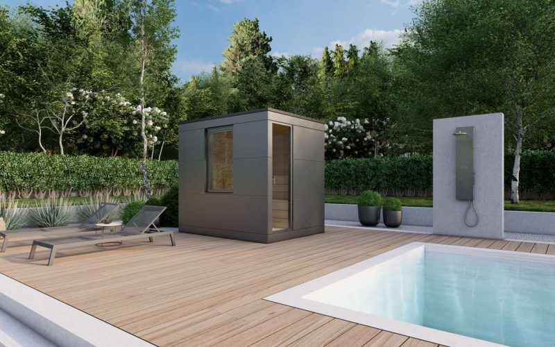 Modern outdoor sauna with pool